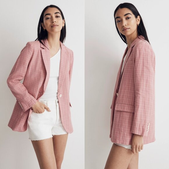Plaid Larsen Blazer in 100% Linen | Madewell S Cafe Pink - Picture 2 of 6